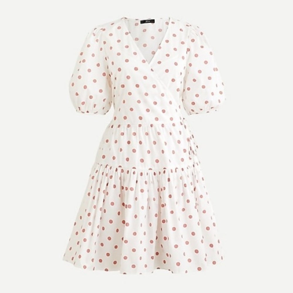 Puff-sleeve cotton  wrap dress in white & rose